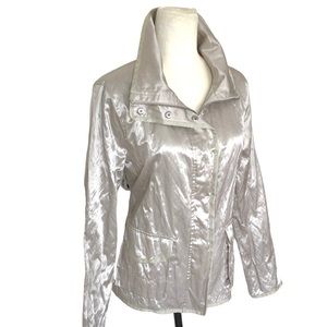 NEW Ralph Lauren Metallic Silver Cotton Blend Zip Up Trimmed Jacket Women’s L